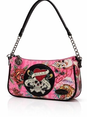 Ed Hardy Love Kills Slowly Pink Tattoo Skull Hobo Bag With Shoulder Strap NWT
